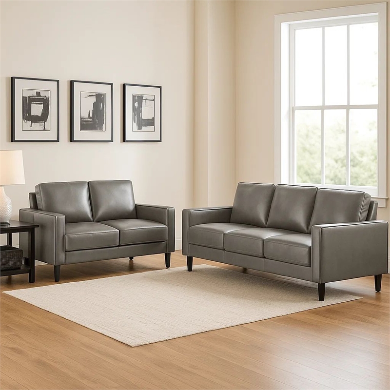 Rumi 2pc Sofa and Loveseat Set- Modern Track Arms- Gray Faux Leather