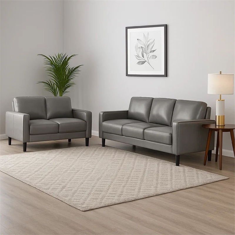 Rumi 2pc Sofa and Loveseat Set- Modern Track Arms- Gray Faux Leather