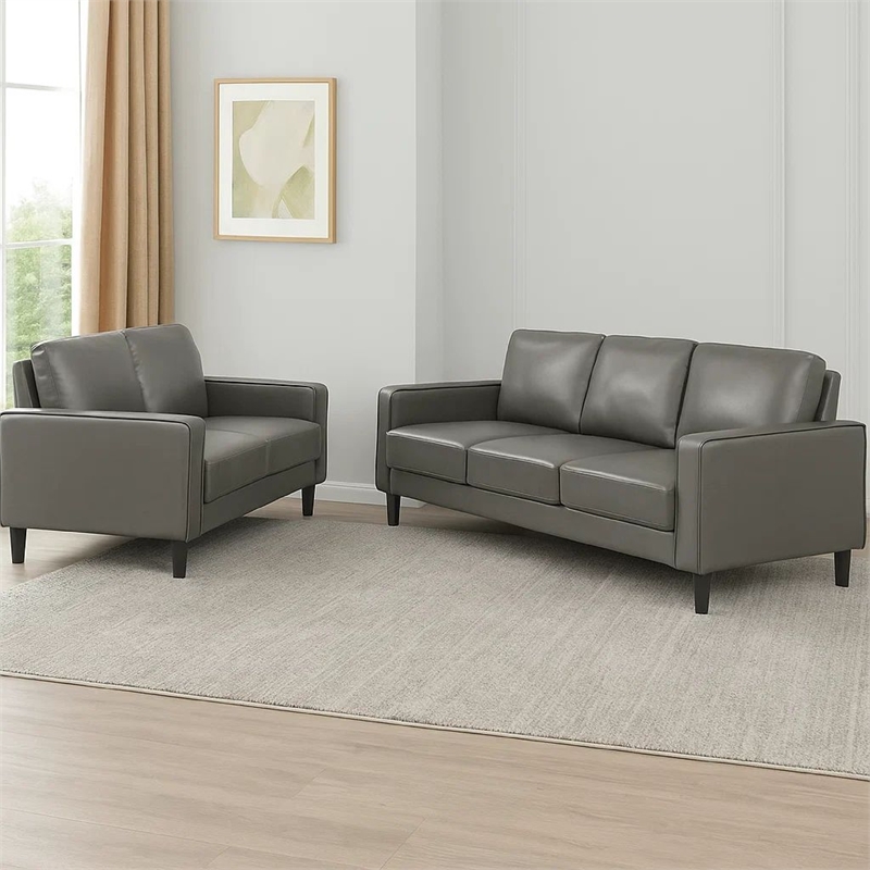 Rumi 2pc Sofa and Loveseat Set- Modern Track Arms- Gray Faux Leather