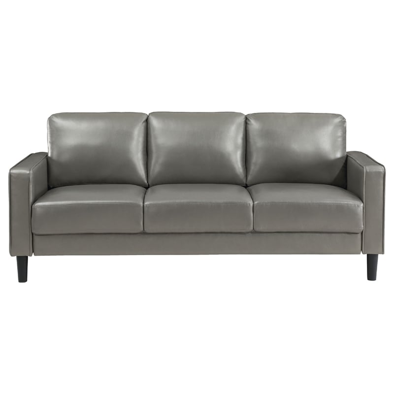 Rumi 2pc Sofa and Loveseat Set- Modern Track Arms- Gray Faux Leather