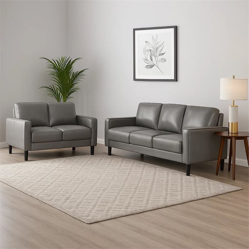 Rumi 2pc Sofa and Loveseat Set- Modern Track Arms- Gray Faux Leather