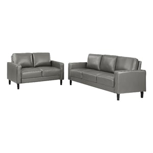 Rumi 2pc Sofa and Loveseat Set- Modern Track Arms- Gray Faux Leather