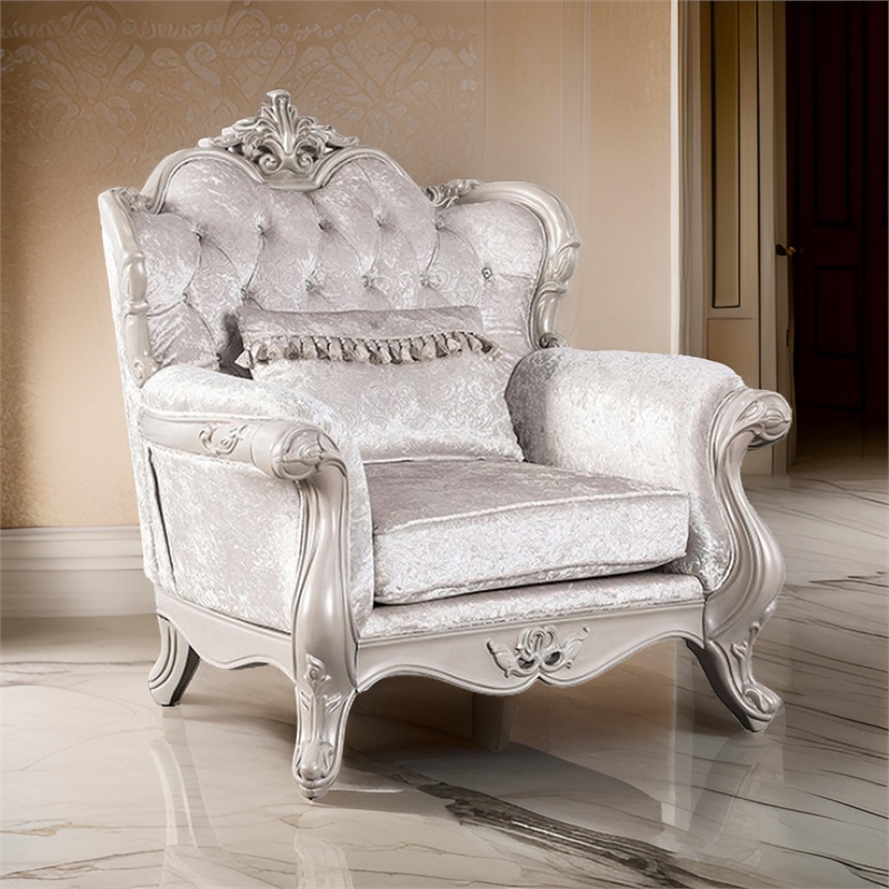Paulo Accent Chair with Crown Molding- Diamond Tufted Off White- Solid Wood