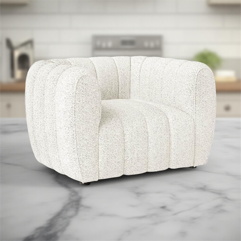 Hery Accent Chair- White Channel Tufted Boucle- Curved Low Back
