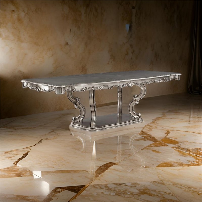 Aria 85-102 Inch Dining Table-Extendable Wood Top Classic Antique Platinum