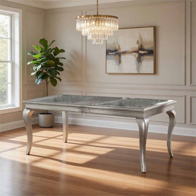 Reme 66-84 Inch Dining Table-6 Seater Extendable-Glass Silver Wood