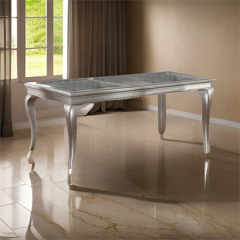 Reme 66-84 Inch Dining Table-6 Seater Extendable-Glass Silver Wood