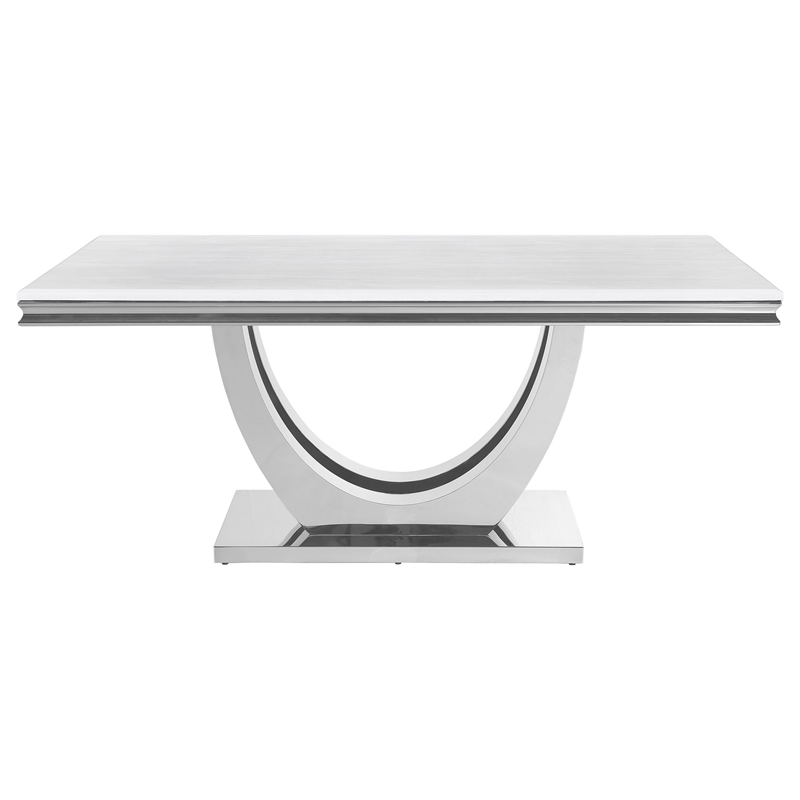 71 Inch Dining Table-Rectangular White Faux Marble Top-Pedestal Base