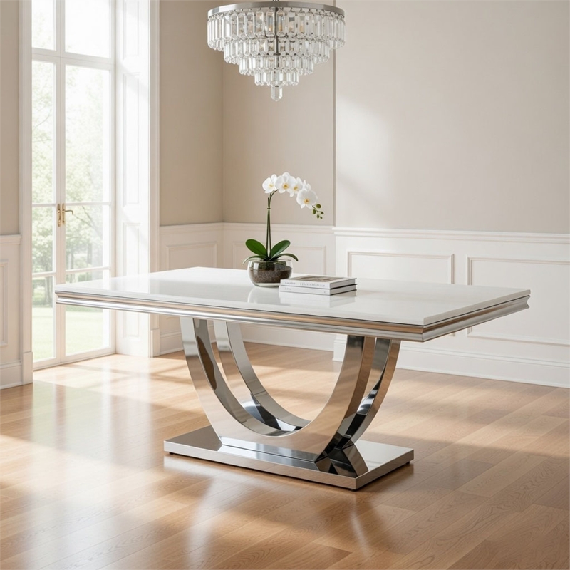 71 Inch Dining Table-Rectangular White Faux Marble Top-Pedestal Base