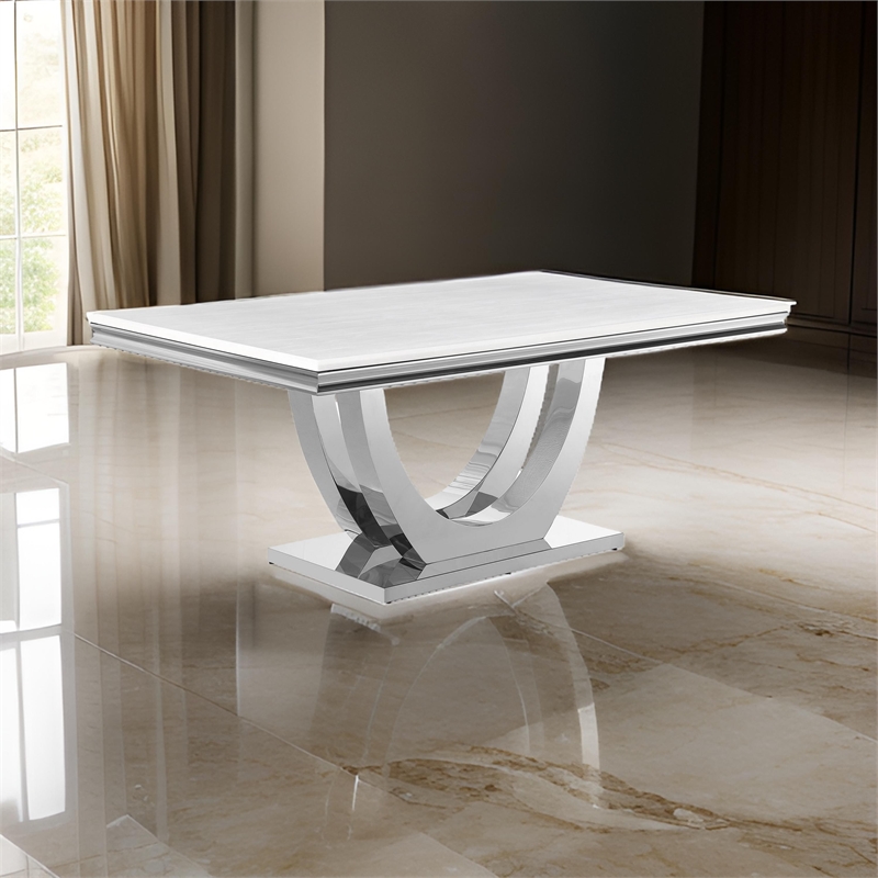 71 Inch Dining Table-Rectangular White Faux Marble Top-Pedestal Base