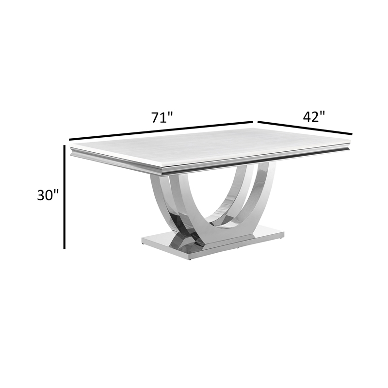 71 Inch Dining Table-Rectangular White Faux Marble Top-Pedestal Base