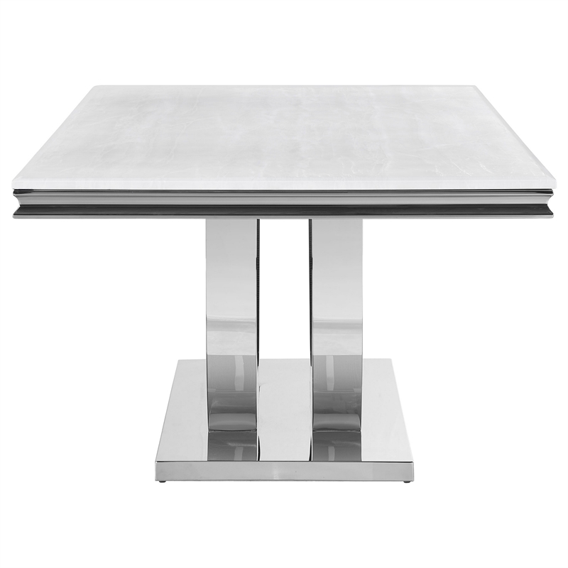 71 Inch Dining Table-Rectangular White Faux Marble Top-Pedestal Base