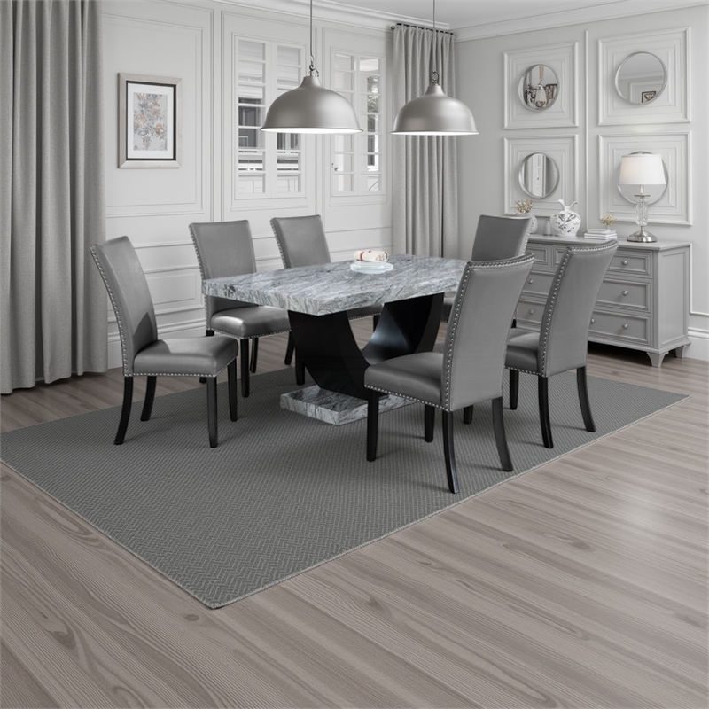 Aline Dining Table with Faux Stone Top-U-Shaped Base-Black 70 Inch