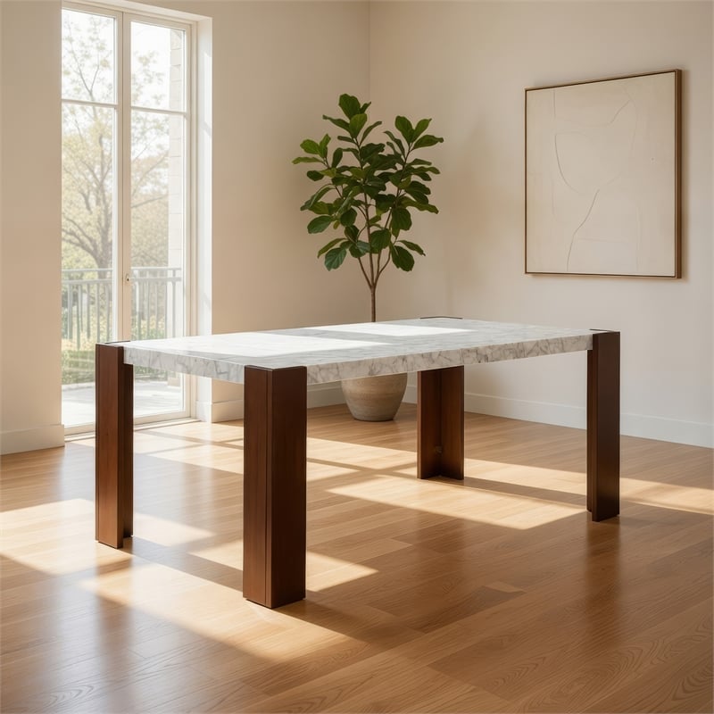 Dining Table-72 Inch White Rectangular Faux Marble Top-Brown Wood