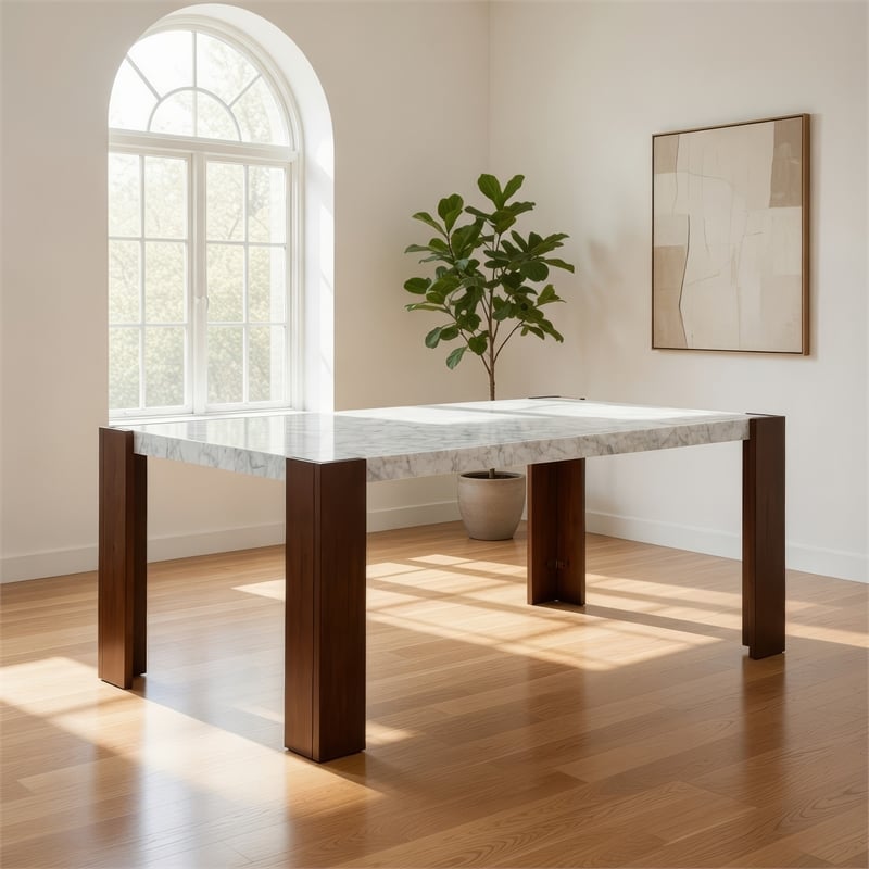 Dining Table-72 Inch White Rectangular Faux Marble Top-Brown Wood