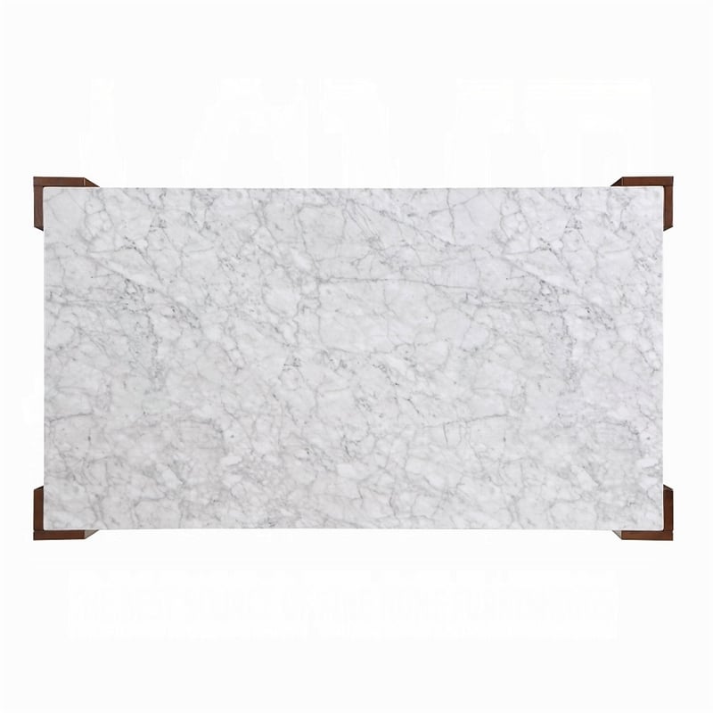 Dining Table-72 Inch White Rectangular Faux Marble Top-Brown Wood