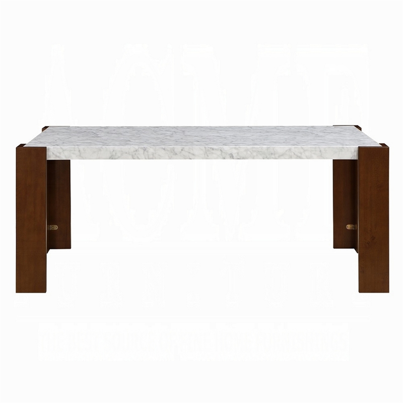 Dining Table-72 Inch White Rectangular Faux Marble Top-Brown Wood