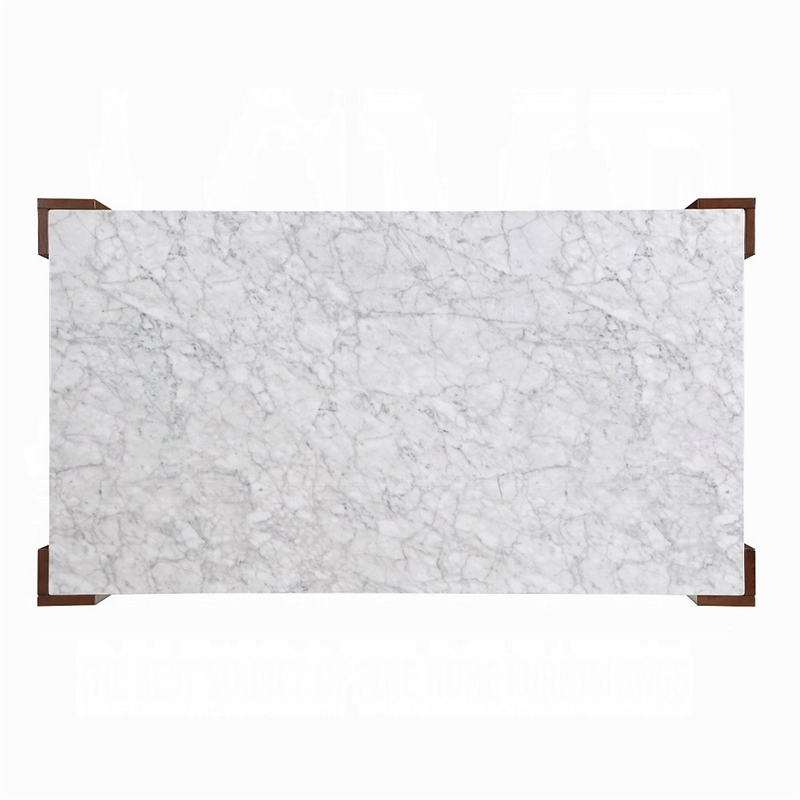 Dining Table-72 Inch White Rectangular Faux Marble Top-Brown Wood