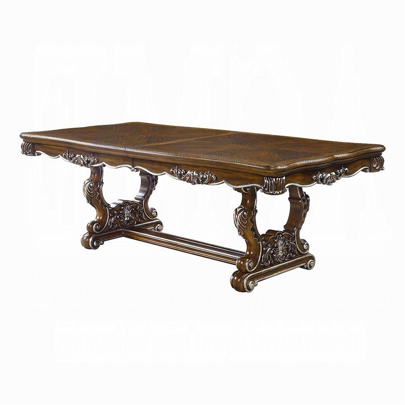 Maver Dining Table-Carved Silver Trim 90-114 Inch Classic Antique Oak