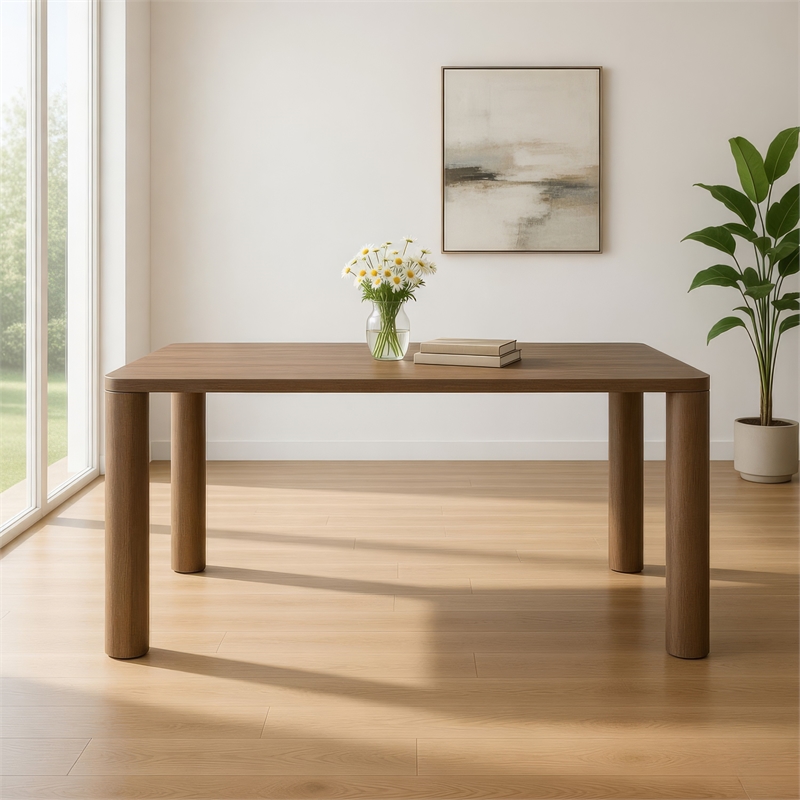Givy Rectangular Dining Table with Round Post Legs-Brown Wood 71 Inch
