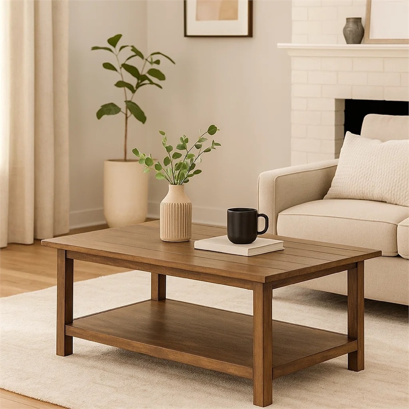 Ayne Coffee Table-1 Shelf-Distressed Brown Wood Frame-47 Inch
