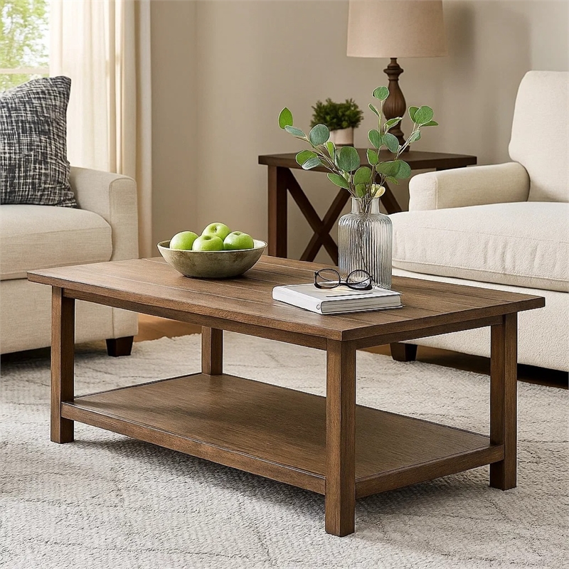 Ayne Coffee Table-1 Shelf-Distressed Brown Wood Frame-47 Inch