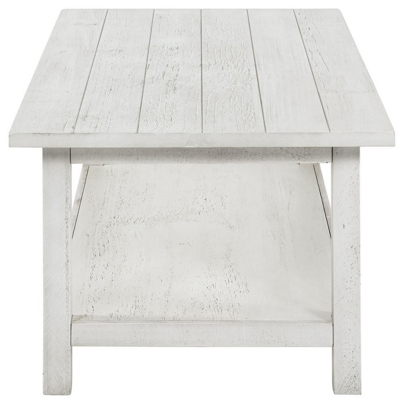 Ayne Coffee Table-1 Bottom Shelf-Distressed White Wood-47 Inch