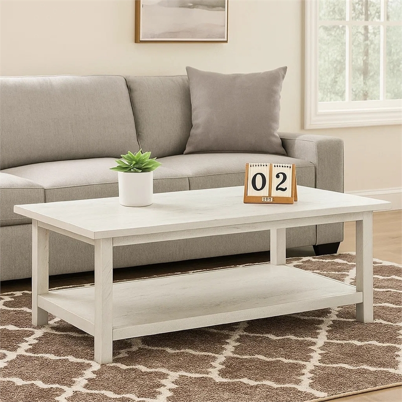 Ayne Coffee Table-1 Bottom Shelf-Distressed White Wood-47 Inch