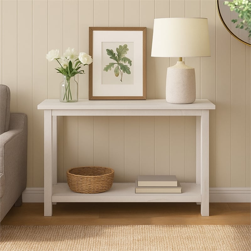 Ayne Console Table-1 Bottom Shelf-Distressed White Wood-47 Inch