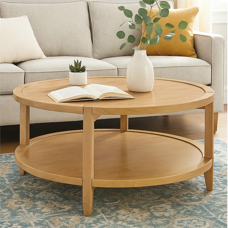 Camilia Coffee Table-1 Shelf-Round Maple Brown Solid Wood-36 Inch