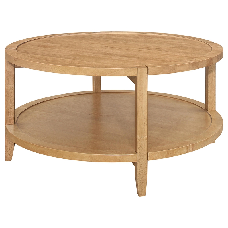 Camilia Coffee Table-1 Shelf-Round Maple Brown Solid Wood-36 Inch