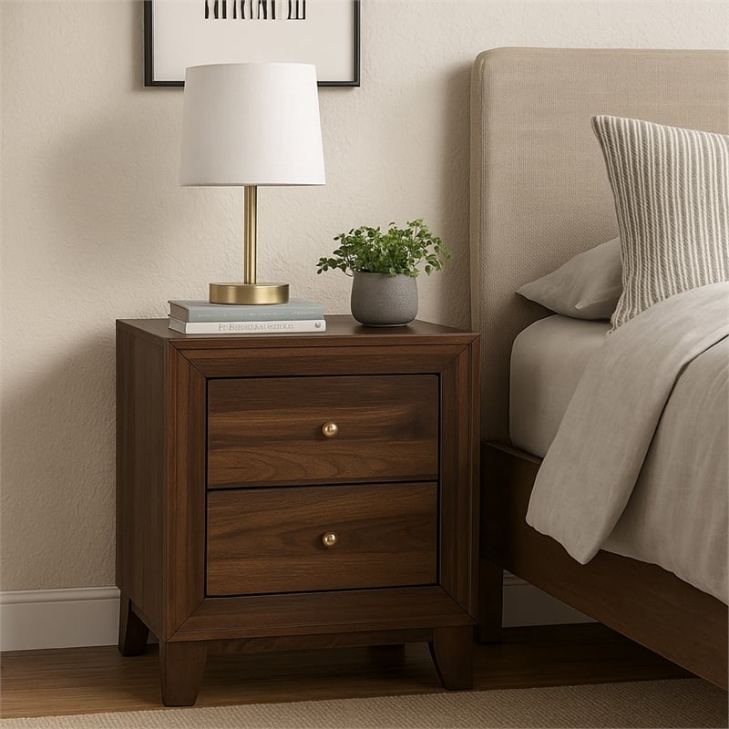 Yels Nightstand with 2 Drawers-Gold Metal Knobs-Walnut Brown
