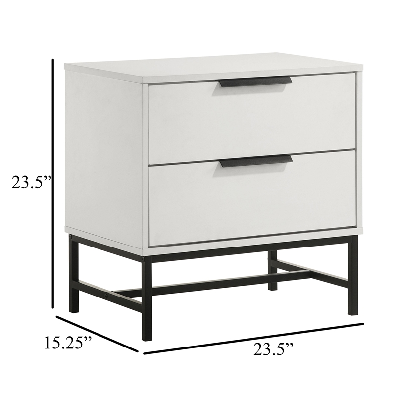 Noro Nightstand-24 Inch-2 Storage Drawers-Modern White-Black Metal