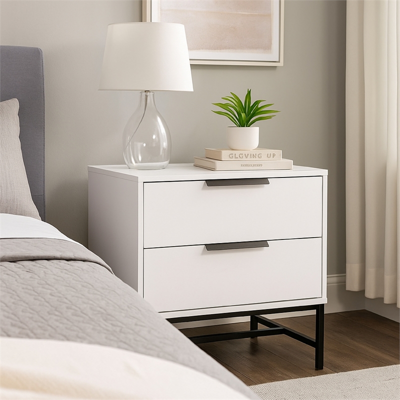 Noro Nightstand-24 Inch-2 Storage Drawers-Modern White-Black Metal