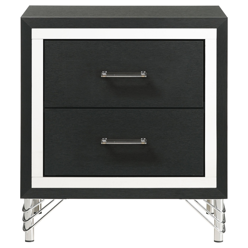 Jenny Nightstand-24 Inch 2 Drawers and Chrome Accents-Modern Black