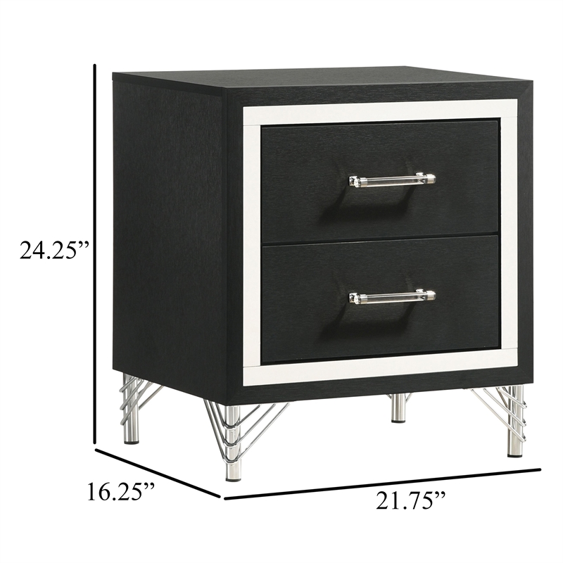 Jenny Nightstand-24 Inch 2 Drawers and Chrome Accents-Modern Black