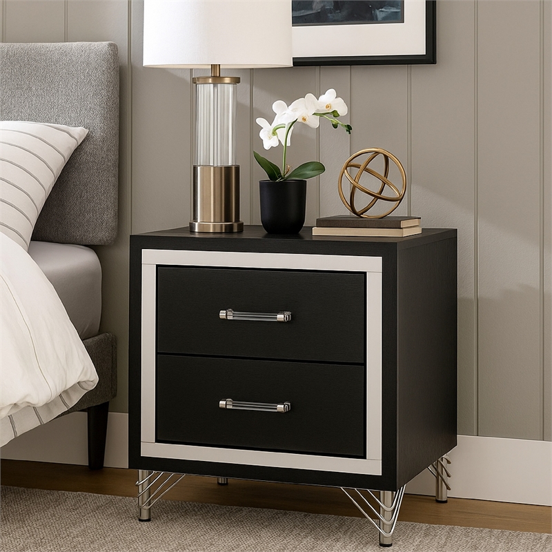 Jenny Nightstand-24 Inch 2 Drawers and Chrome Accents-Modern Black