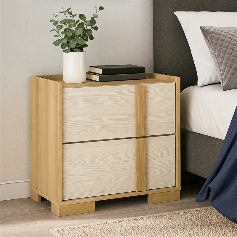 Hyle Nightstand-2 Drawers-24 Inch Modern Natural Brown and White