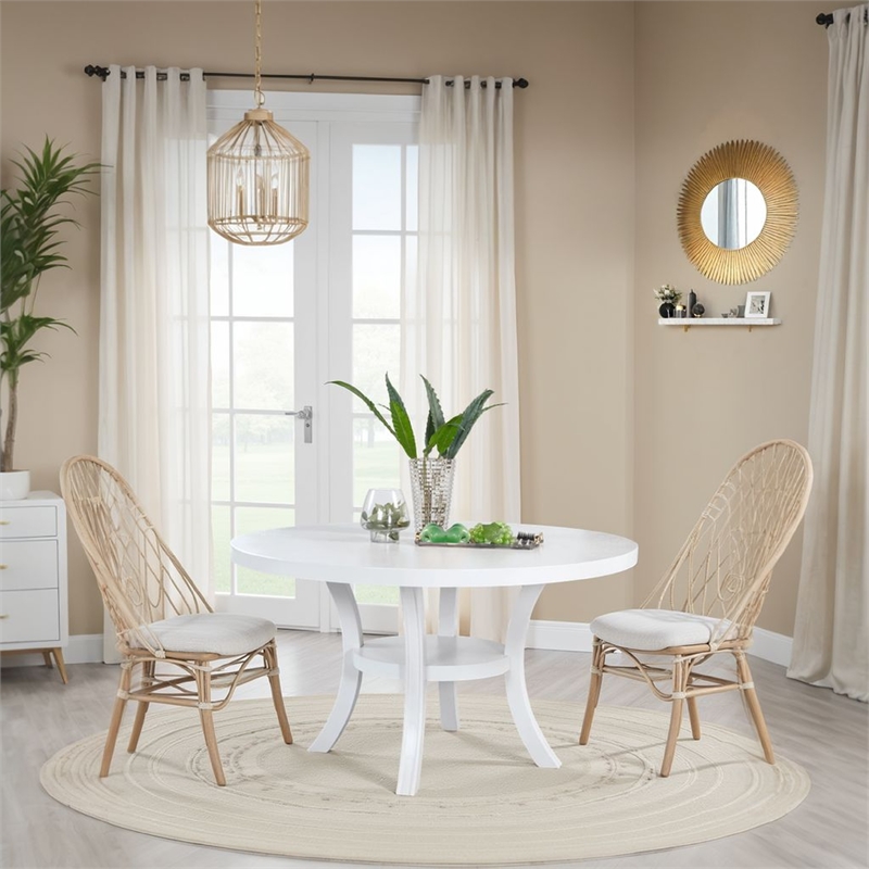 Judy Round Dining Table with Shelf and Flared Legs-White Wood 54 Inch
