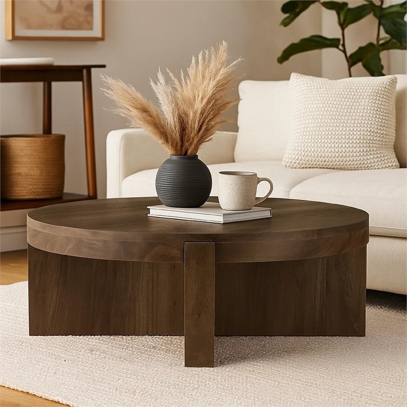 Kinaj Coffee Table-Dark Brown Solid Mango Wood-Round 38 Inch Top