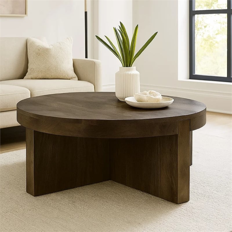 Kinaj Coffee Table-Dark Brown Solid Mango Wood-Round 38 Inch Top