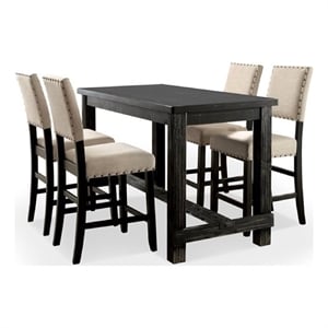 Bega 4pc Counter Height Table-Bench n Chair Set-Ivory Fabric-Black