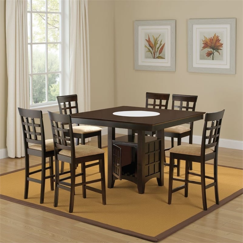 Uric Counter Height Dining Table w Wine Storage-6 Lattice Chairs-Brown