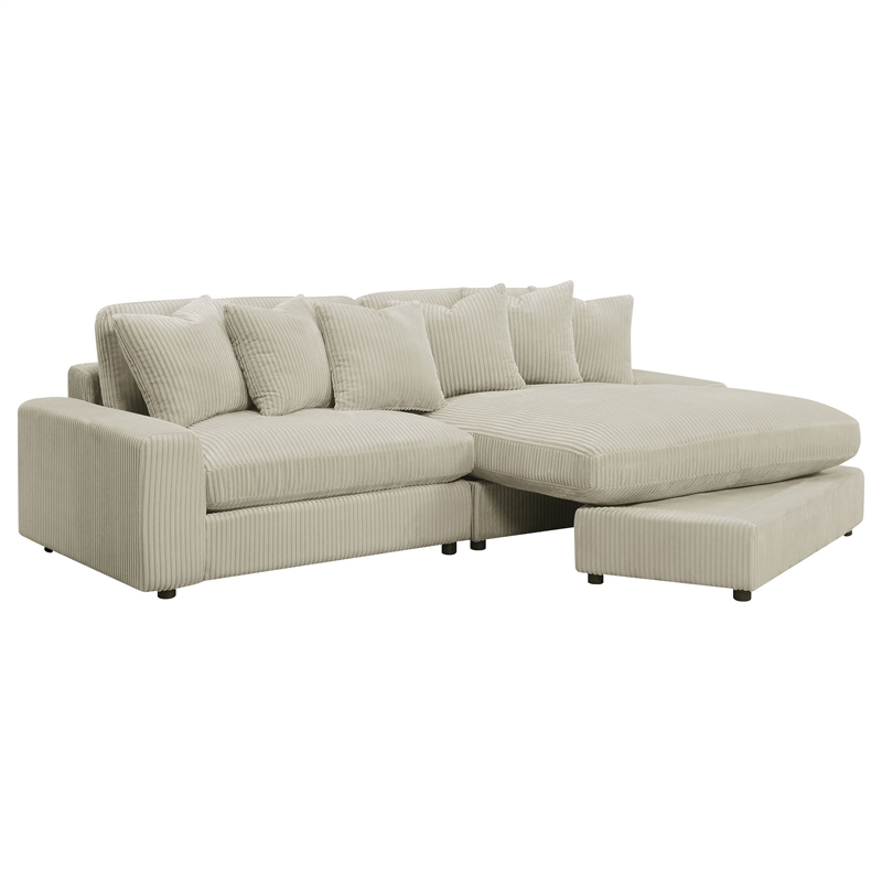 Lain Sectional Sofa with Reversible Chaise- 6 Throw Pillows- Beige Corduroy