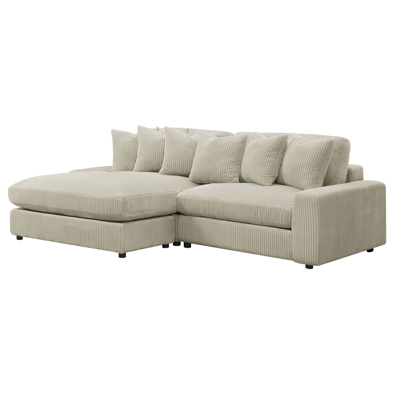Lain Sectional Sofa with Reversible Chaise- 6 Throw Pillows- Beige Corduroy