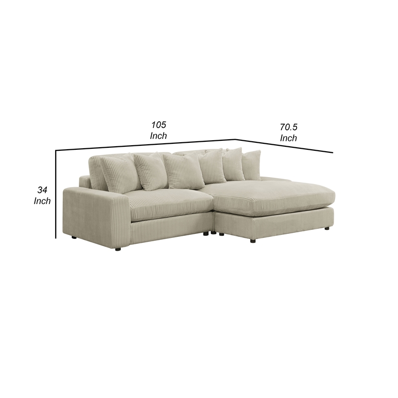 Lain Sectional Sofa with Reversible Chaise- 6 Throw Pillows- Beige Corduroy