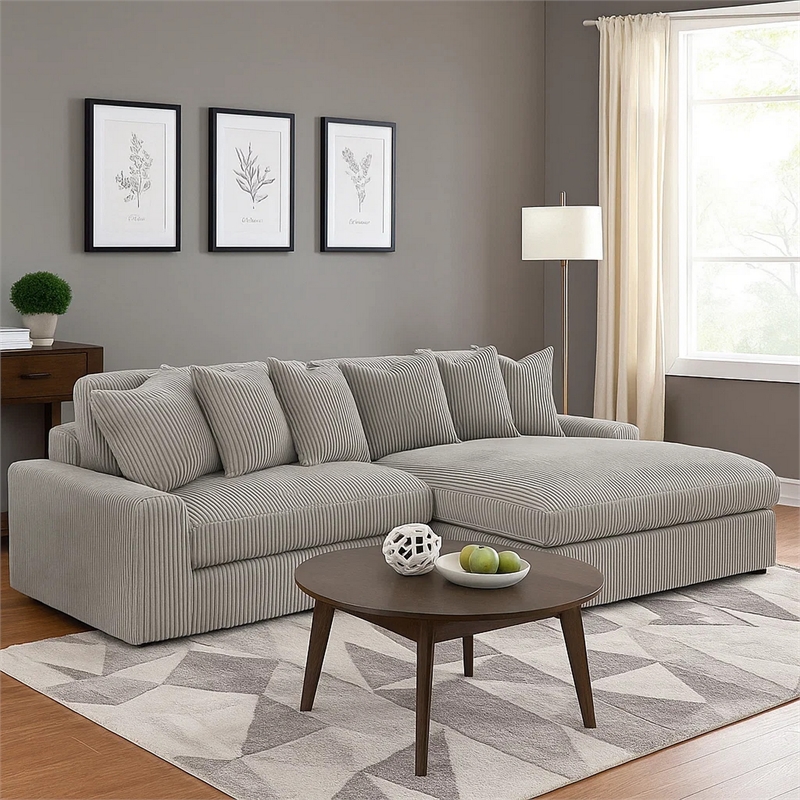Lain Sectional Sofa with Reversible Chaise- 6 Throw Pillows- Gray Corduroy
