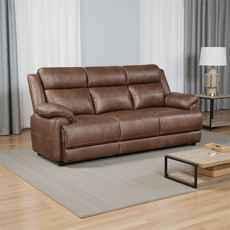 Ellen Sofa- Brown Faux Leather- Foam Cushions- Pillow Top Arms- 86 Inch