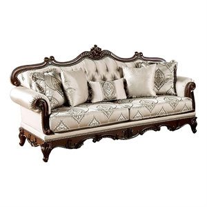 Vera 90 Inch Sofa- Button Tufted Beige Rolled Arms- Cherry Brown Solid Wood