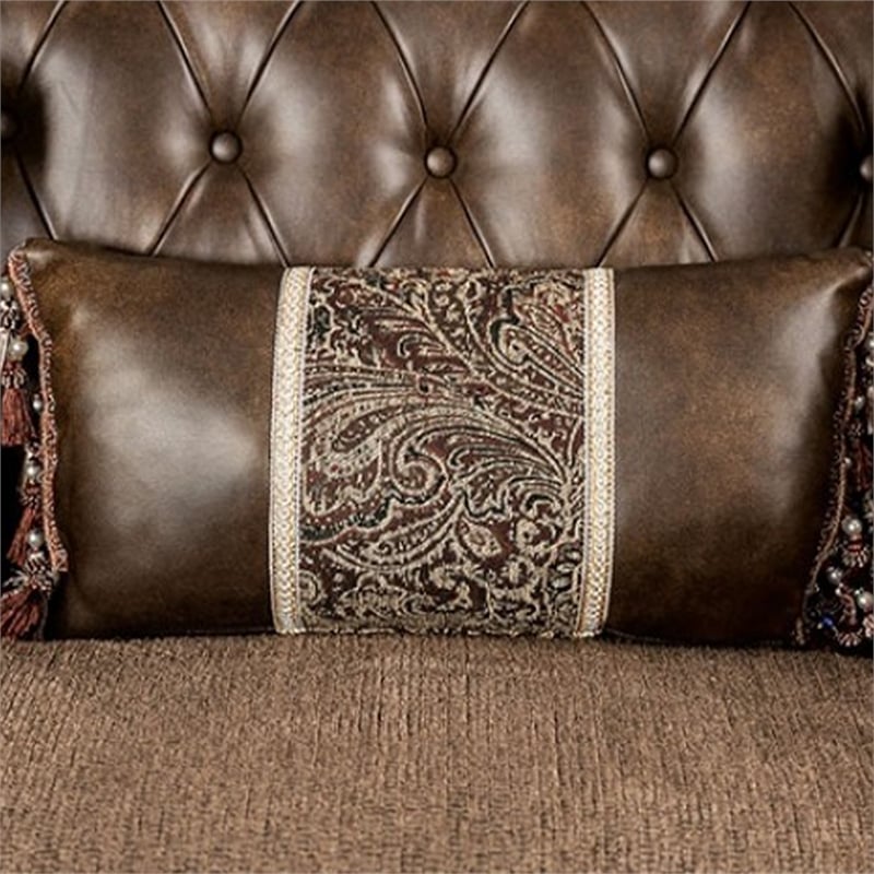 Sena 90 Inch Sofa- Faux Leather- Rolled Arms- Cherry Brown Solid Wood